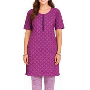 Women’s Cotton Kurti – Purple Printed Straight Kurta with Round Neck, Short Sleeves & Front Buttons – Daily Wear/Office Wear Ethnic Top