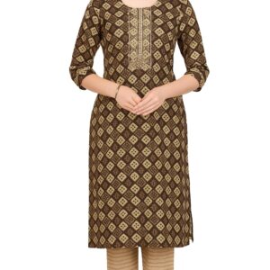 Women’s Brown Printed Straight Kurti with 3/4th Sleeves | Rayon Ethnic Wear for Office & Casual Outings
