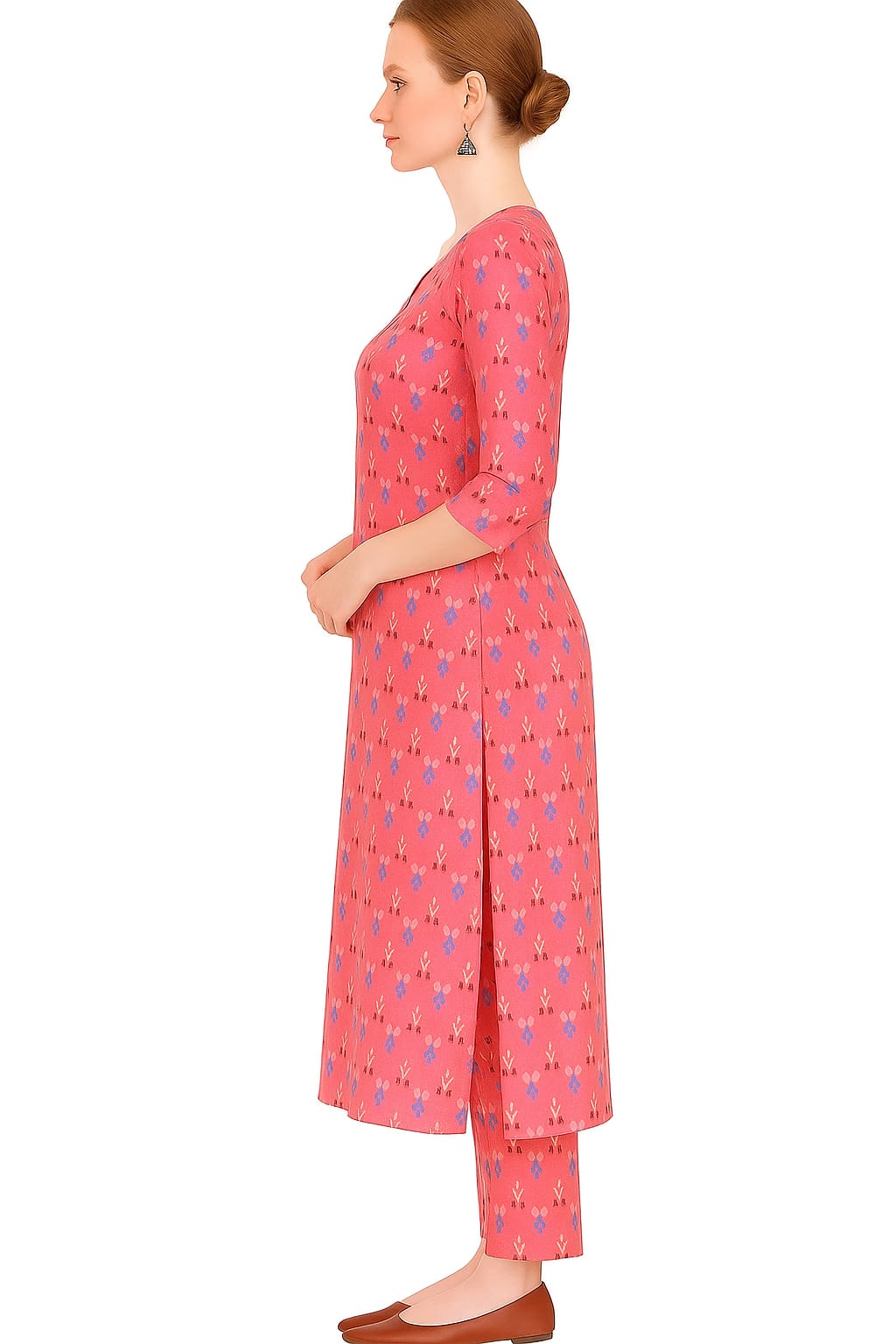 Women's Cotton Kurti | Pink Printed Straight Kurta with 3/4 Sleeves | Casual & Office Wear Ethnic Set - Image 2