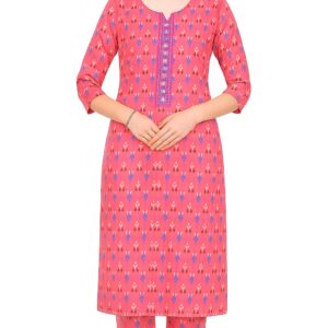 Women's Cotton Kurti | Pink Printed Straight Kurta with 3/4 Sleeves | Casual & Office Wear Ethnic Set