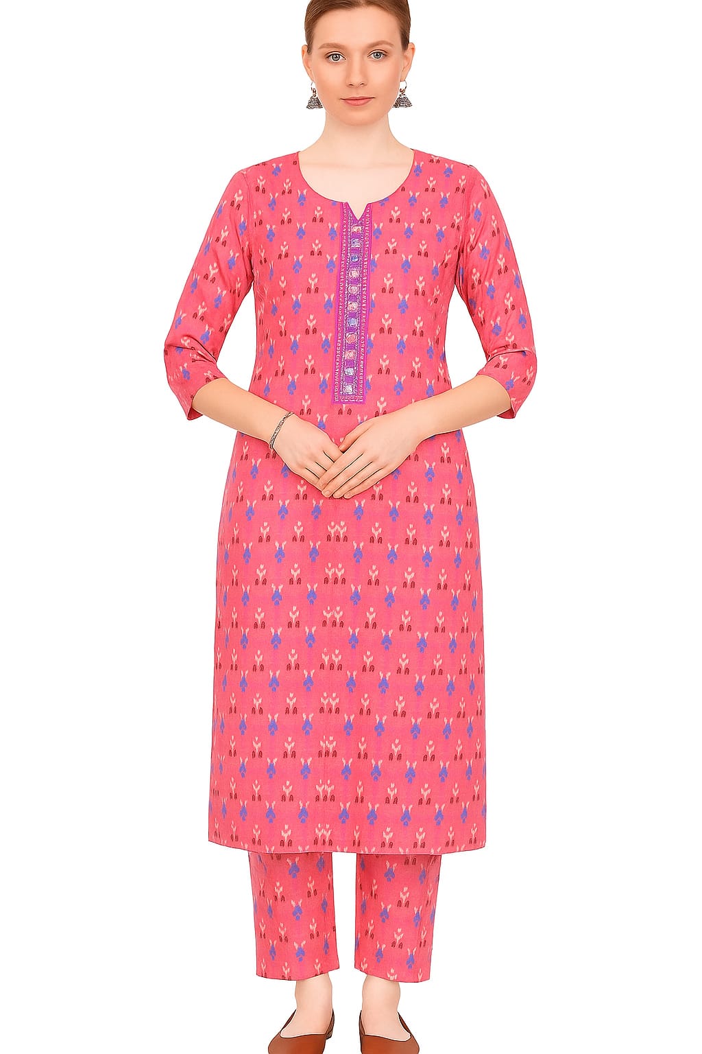 Women's Cotton Kurti | Pink Printed Straight Kurta with 3/4 Sleeves | Casual & Office Wear Ethnic Set