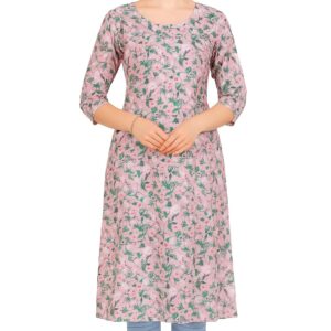 Pink Floral Printed Cotton Kurti for Women – Stylish Straight Fit with 3/4 Sleeves