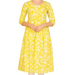 Women’s Yellow Floral Printed Cotton Kurti | 3/4 Sleeve A-Line Ethnic Kurta for Casual & Office Wear
