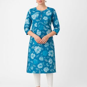 Blue Cotton Floral Printed Straight Kurti for Women | Casual & Office Wear Ethnic Kurti | Daily Wear Cotton Kurti