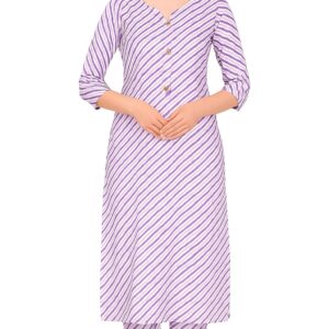 Women’s Cotton Striped Kurti with Pants Set – Stylish Purple & White Printed Kurta Palazzo Suit for Casual & Office Wear
