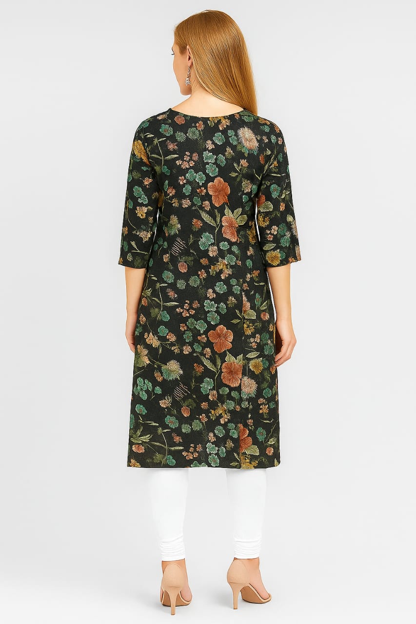 Women's Black Floral Printed Straight Kurti with Embroidered Neck | Casual & Office Wear Ethnic Kurta - Image 3