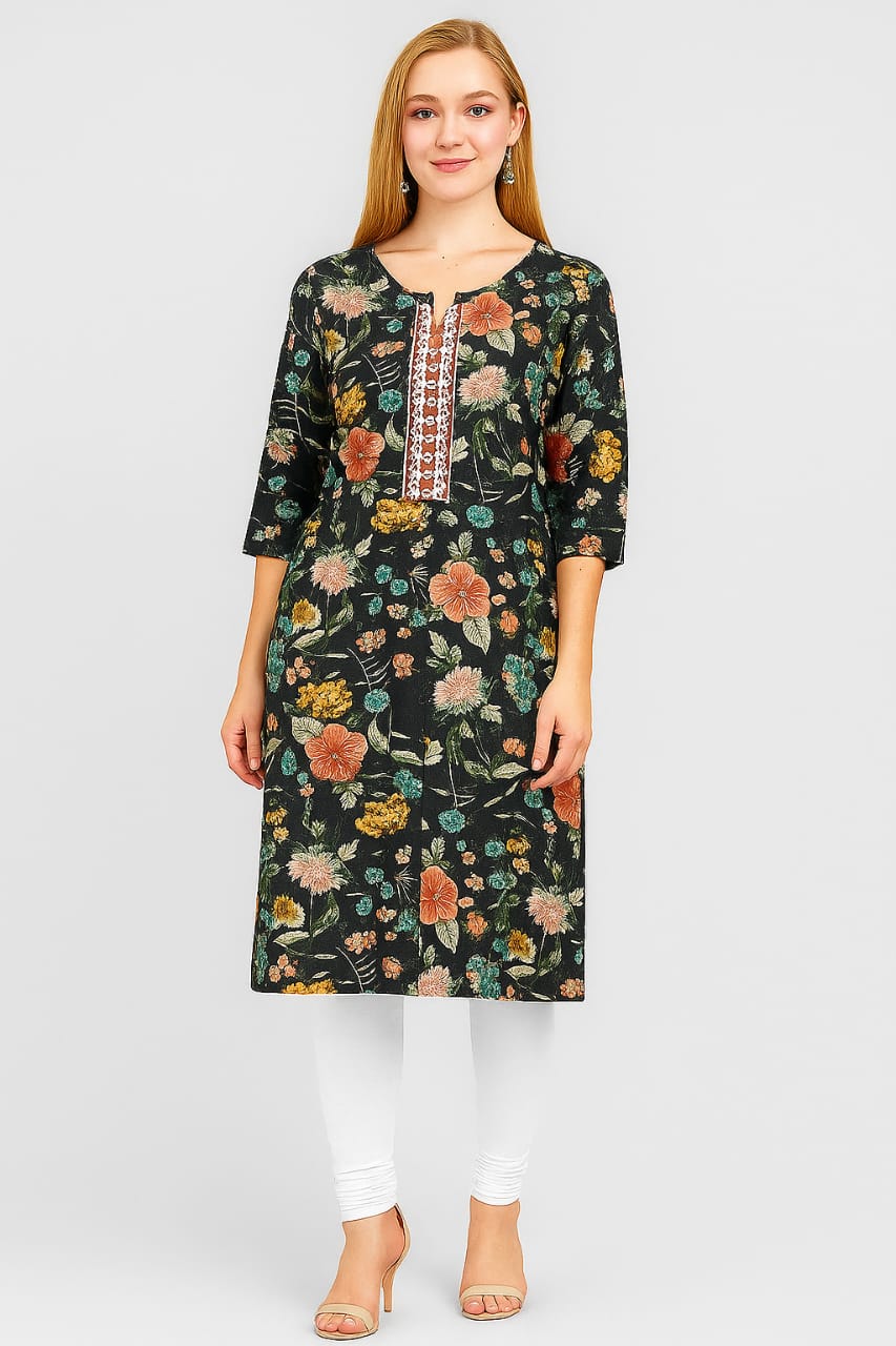 Women's Black Floral Printed Straight Kurti with Embroidered Neck | Casual & Office Wear Ethnic Kurta