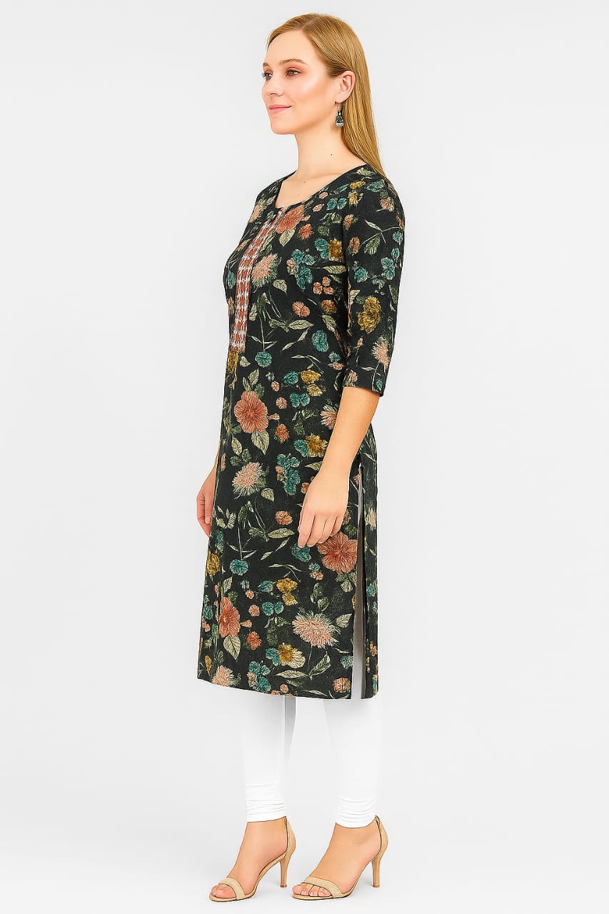 Women's Black Floral Printed Straight Kurti with Embroidered Neck | Casual & Office Wear Ethnic Kurta - Image 2