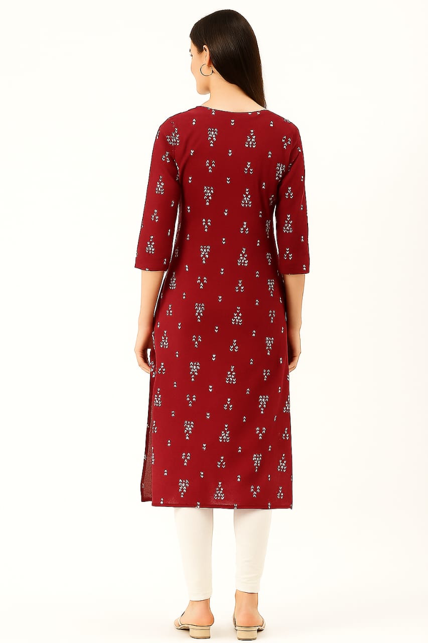 Women’s Maroon Printed Straight Kurti with Round Neck & 3/4 Sleeves – Pure Cotton - Image 3