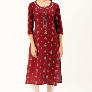 Women’s Maroon Printed Straight Kurti with Round Neck & 3/4 Sleeves – Pure Cotton