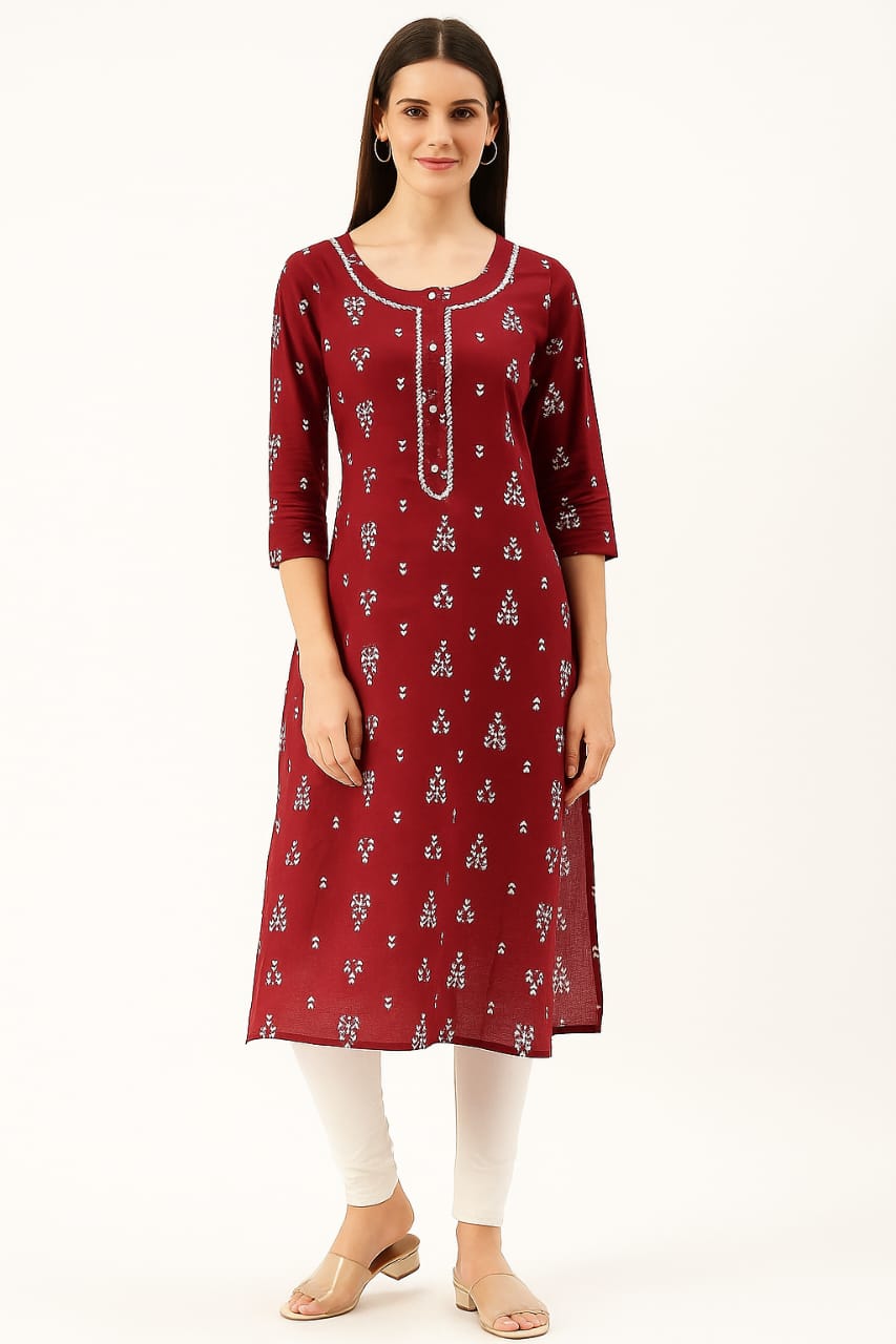 Women’s Maroon Printed Straight Kurti with Round Neck & 3/4 Sleeves – Pure Cotton