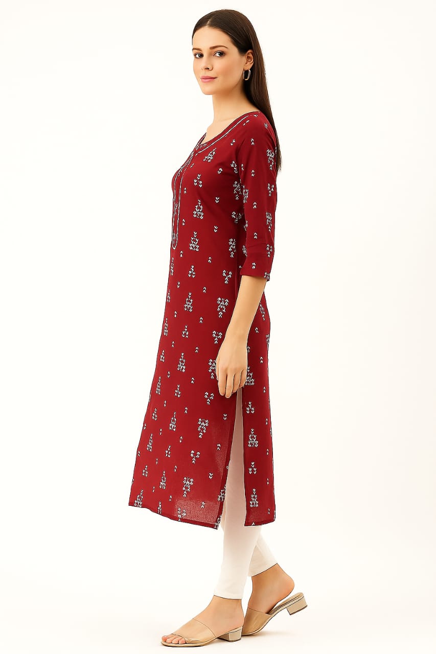 Women’s Maroon Printed Straight Kurti with Round Neck & 3/4 Sleeves – Pure Cotton - Image 2