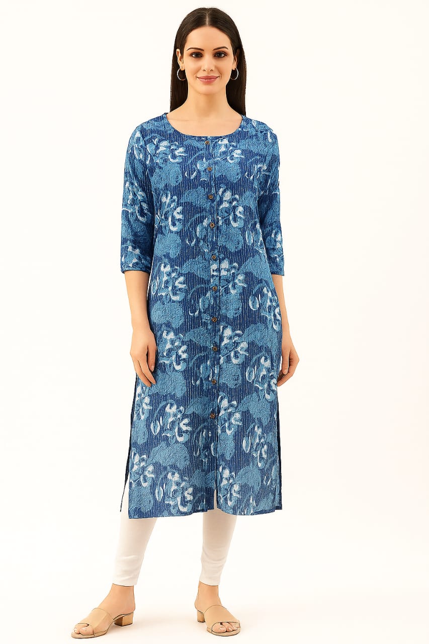 Women’s Blue Floral Printed Straight Kurti with Front Buttons | Cotton Ethnic Wear for Casual & Office
