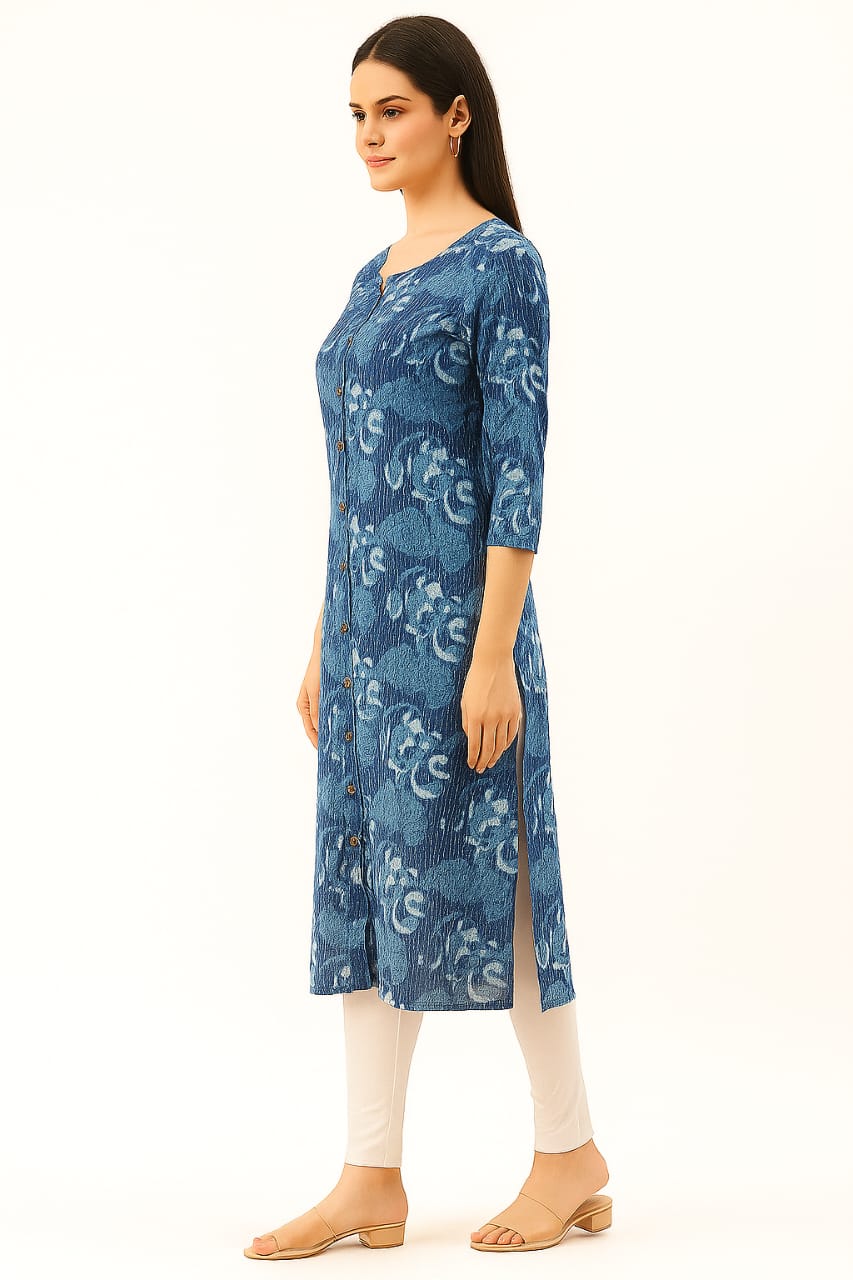 Women’s Blue Floral Printed Straight Kurti with Front Buttons | Cotton Ethnic Wear for Casual & Office - Image 3