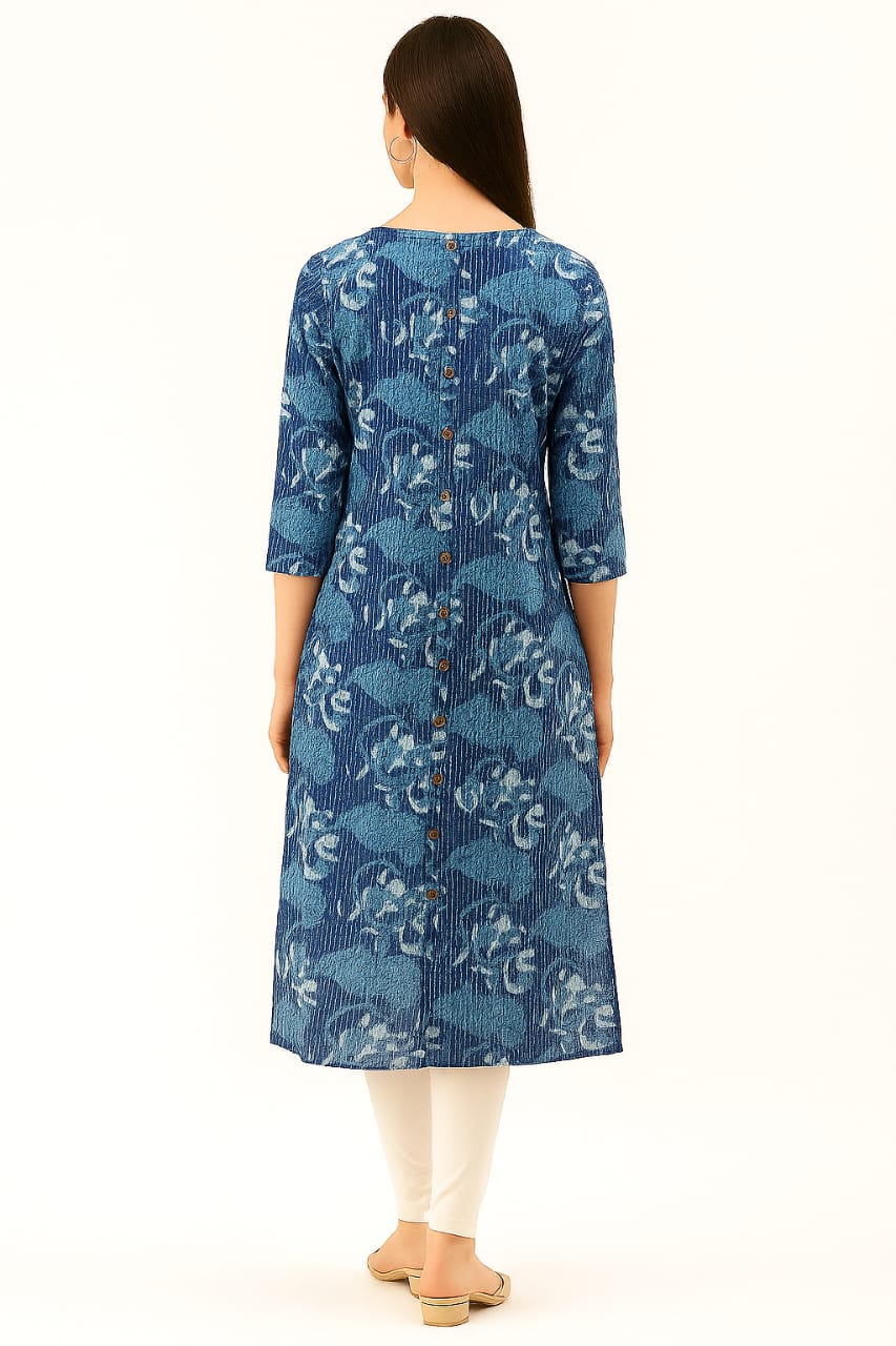 Women’s Blue Floral Printed Straight Kurti with Front Buttons | Cotton Ethnic Wear for Casual & Office - Image 2
