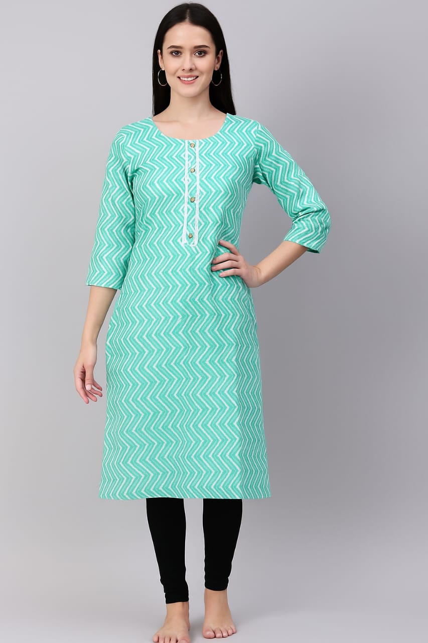 Women’s Cotton Printed Straight Kurti – Green Zigzag Pattern, 3/4 Sleeves, Casual & Office Wear