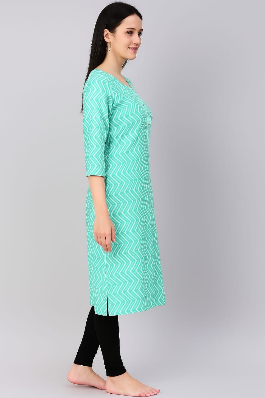 Women’s Cotton Printed Straight Kurti – Green Zigzag Pattern, 3/4 Sleeves, Casual & Office Wear - Image 2