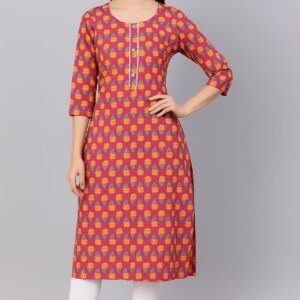 Women’s Pink Floral Printed Straight Kurti with 3/4 Sleeves – Cotton Ethnic Wear for Daily & Casual Use