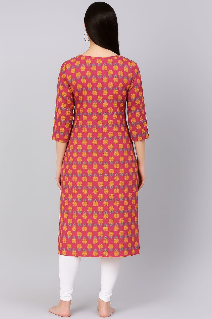Women’s Pink Floral Printed Straight Kurti with 3/4 Sleeves – Cotton Ethnic Wear for Daily & Casual Use - Image 3