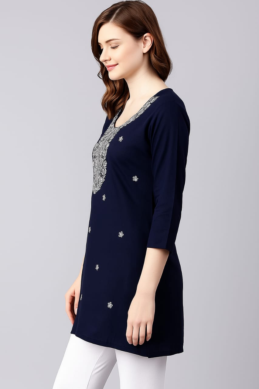 Teal Blue Cotton Kurti for Women with Elegant Embroidery – Casual & Office Wear Straight Kurta - Image 9