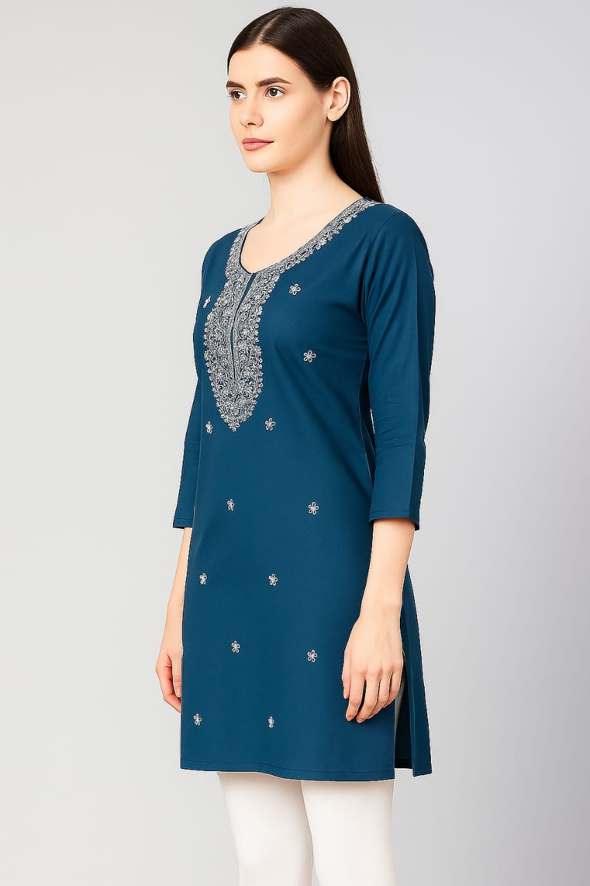 Teal Blue Cotton Kurti for Women with Elegant Embroidery – Casual & Office Wear Straight Kurta - Image 16