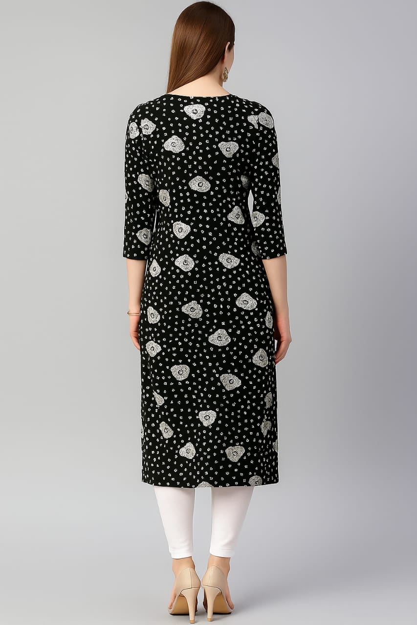 Black Cotton Printed Straight Kurti for Women – Elegant Ethnic Wear with 3/4 Sleeves - Image 3