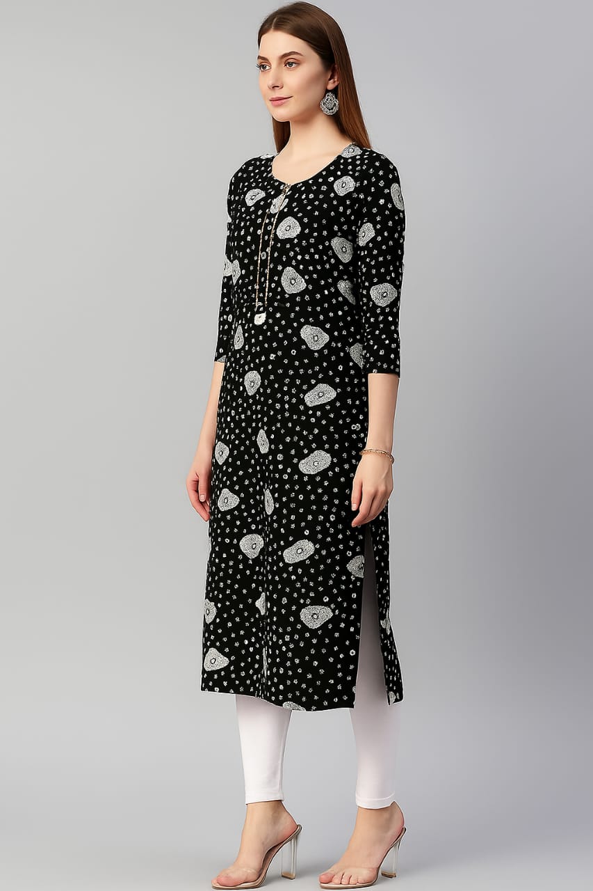 Black Cotton Printed Straight Kurti for Women – Elegant Ethnic Wear with 3/4 Sleeves - Image 2