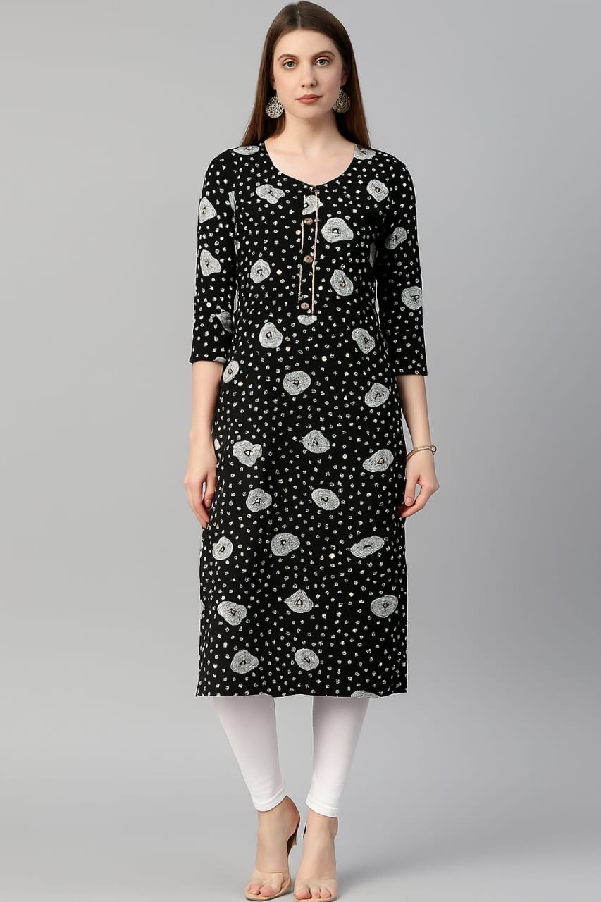 Black Cotton Printed Straight Kurti for Women – Elegant Ethnic Wear with 3/4 Sleeves