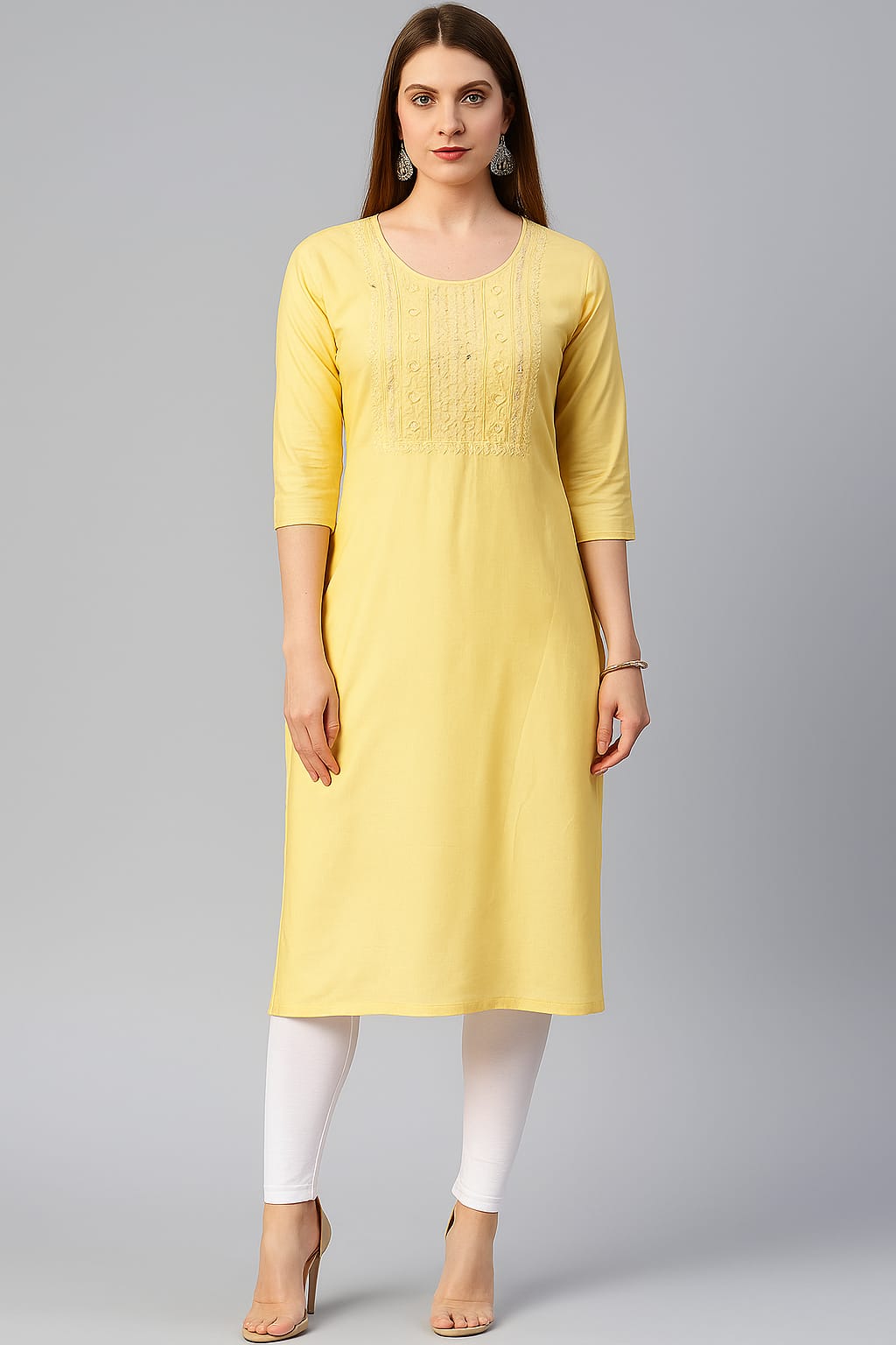 Women’s Yellow Cotton Embroidered Straight Kurti with 3/4th Sleeves – Elegant Daily & Office Wear - Image 2