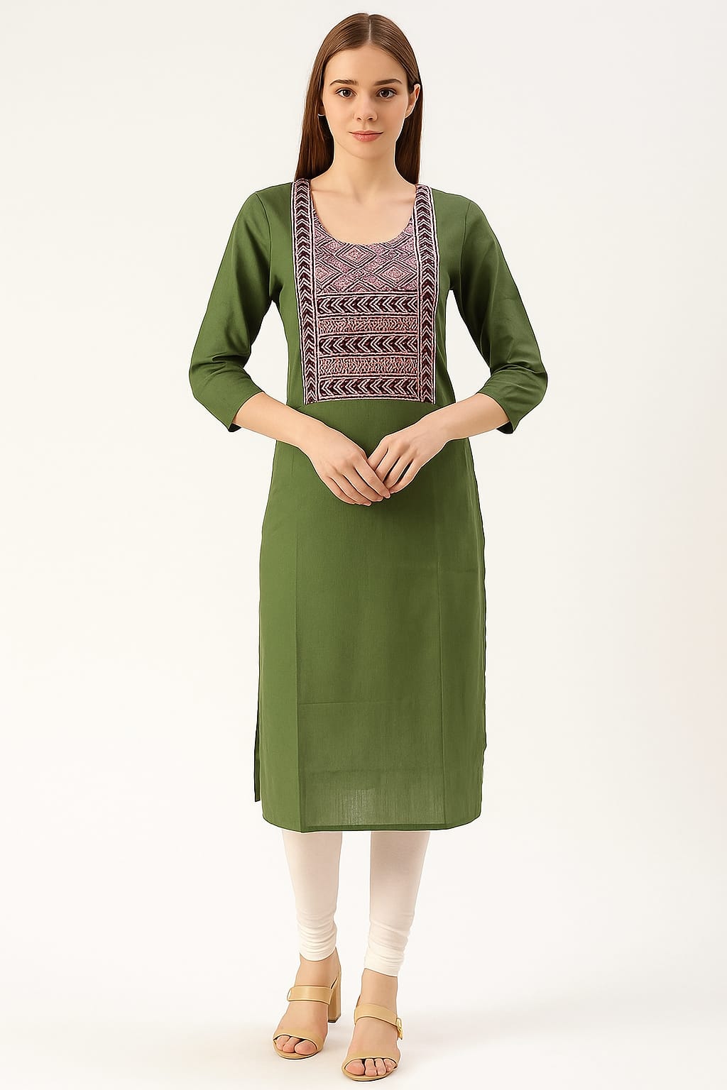 Olive Green Cotton Straight Kurti with Printed Yoke & 3/4 Sleeves for Women
