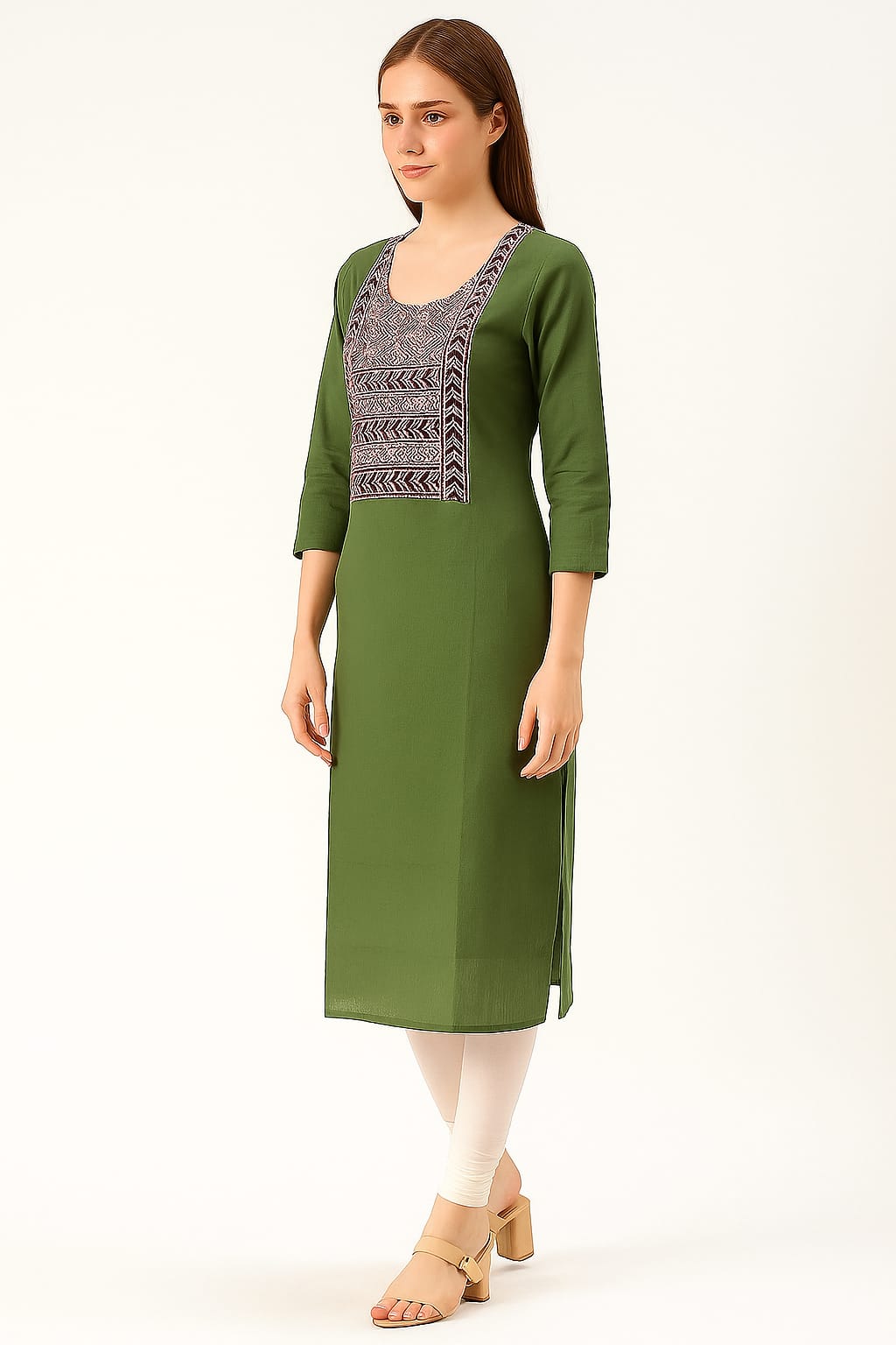 Olive Green Cotton Straight Kurti with Printed Yoke & 3/4 Sleeves for Women - Image 2