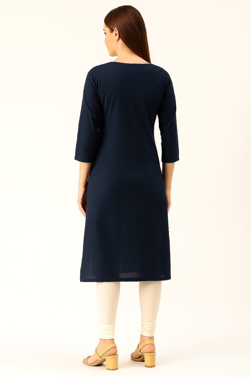 Women’s Navy Blue Straight Kurti with Embroidered Square Neck Design – Elegant Pure Cotton Ethnic Wear - Image 2