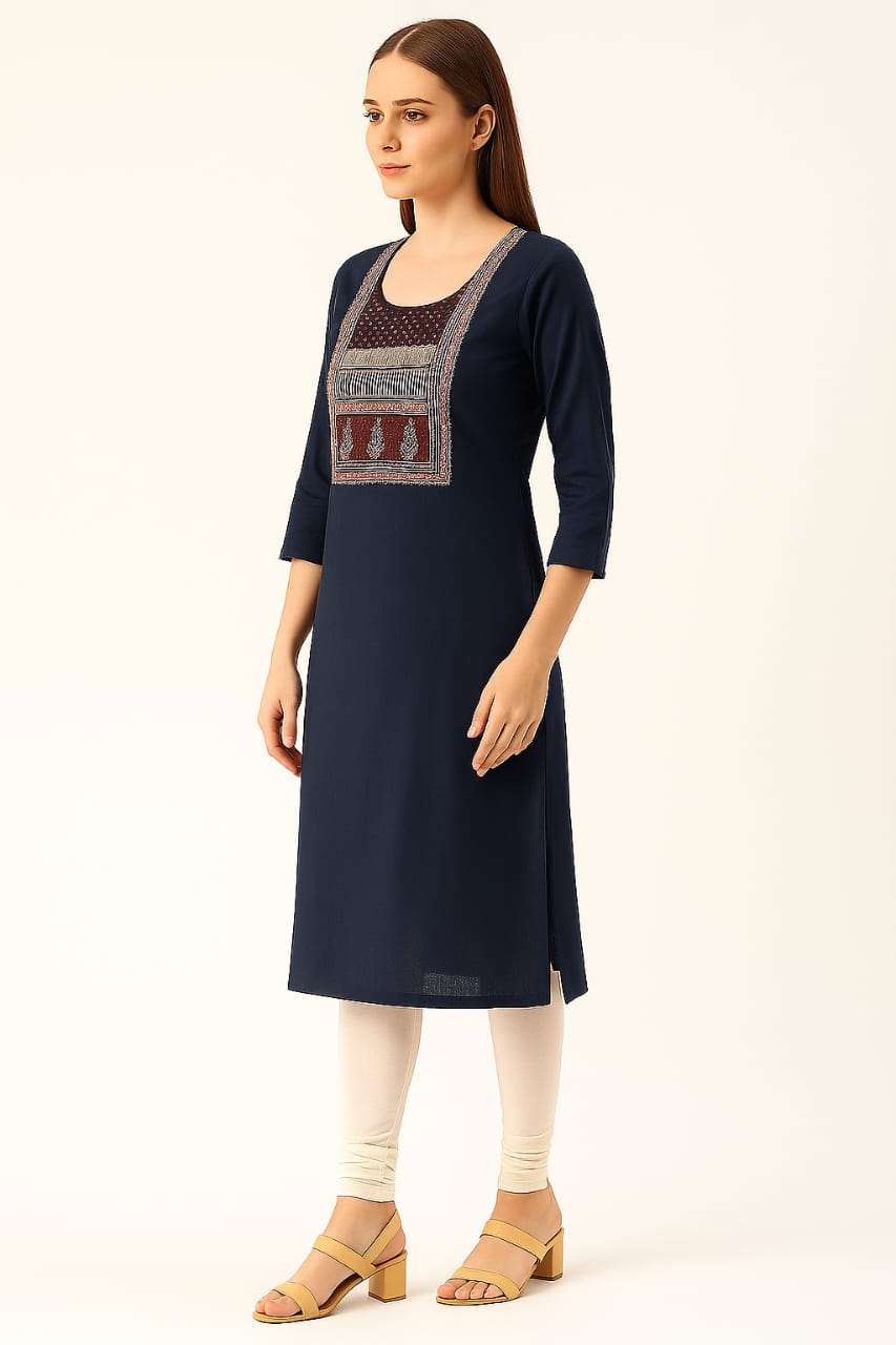 Women’s Navy Blue Straight Kurti with Embroidered Square Neck Design – Elegant Pure Cotton Ethnic Wear - Image 3