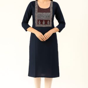 Women’s Navy Blue Straight Kurti with Embroidered Square Neck Design – Elegant Pure Cotton Ethnic Wear