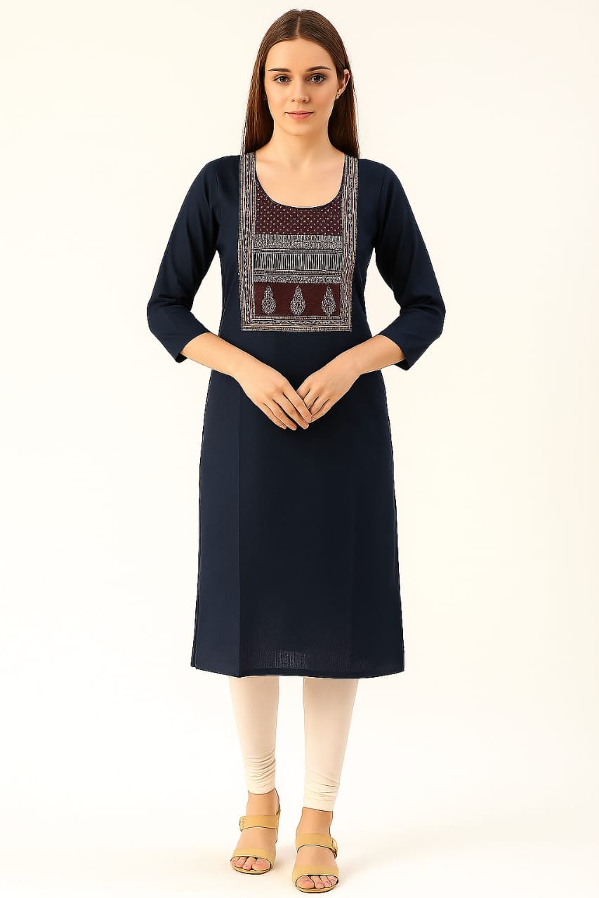 Women’s Navy Blue Straight Kurti with Embroidered Square Neck Design – Elegant Pure Cotton Ethnic Wear