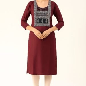 Women’s Maroon Cotton Straight Kurti with Embroidered Yoke & 3/4th Sleeves – Ethnic Casual & Office Wear