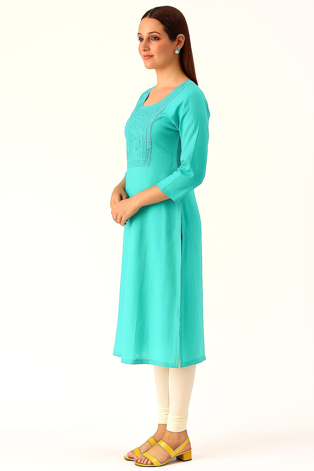 Women’s Yellow Cotton Embroidered Straight Kurti with 3/4th Sleeves – Elegant Daily & Office Wear - Image 6