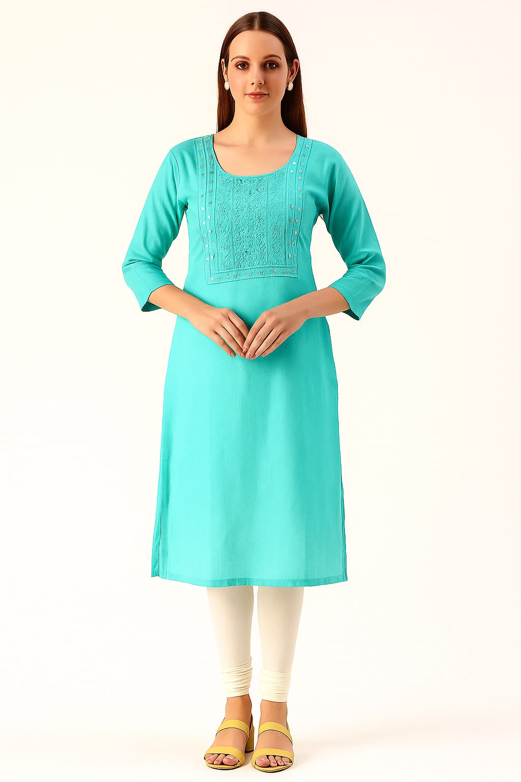 Women’s Yellow Cotton Embroidered Straight Kurti with 3/4th Sleeves – Elegant Daily & Office Wear - Image 3