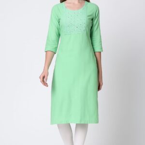 Women’s Yellow Cotton Embroidered Straight Kurti with 3/4th Sleeves – Elegant Daily & Office Wear