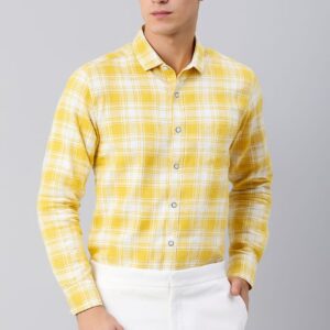Yellow & White Checked Slim Fit Cotton Shirt for Men – Full Sleeves Casual & Office Wear