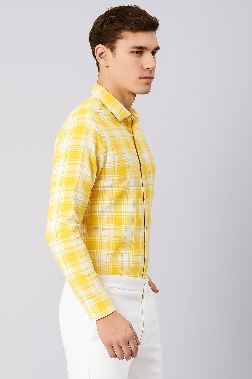 Yellow & White Checked Slim Fit Cotton Shirt for Men – Full Sleeves Casual & Office Wear - Image 3