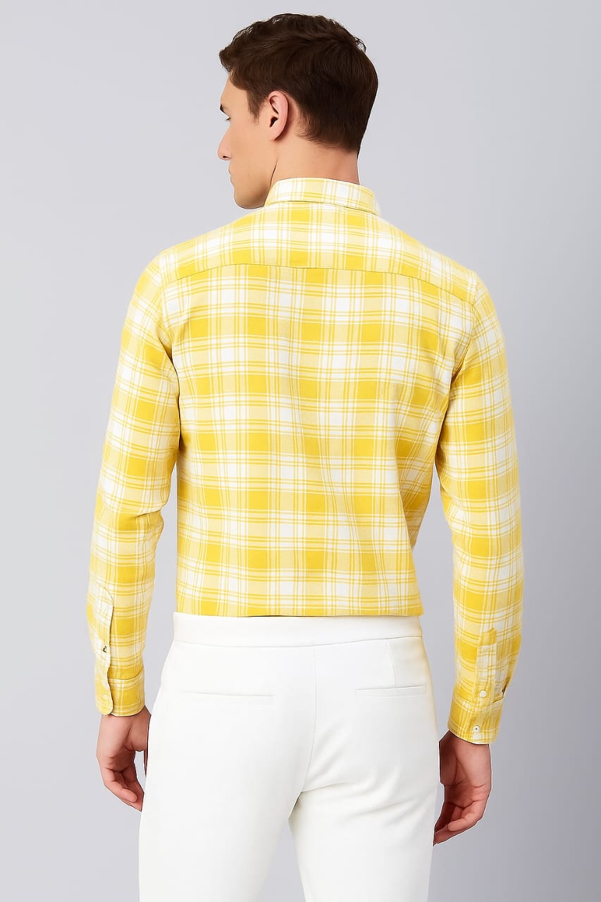 Yellow & White Checked Slim Fit Cotton Shirt for Men – Full Sleeves Casual & Office Wear - Image 2