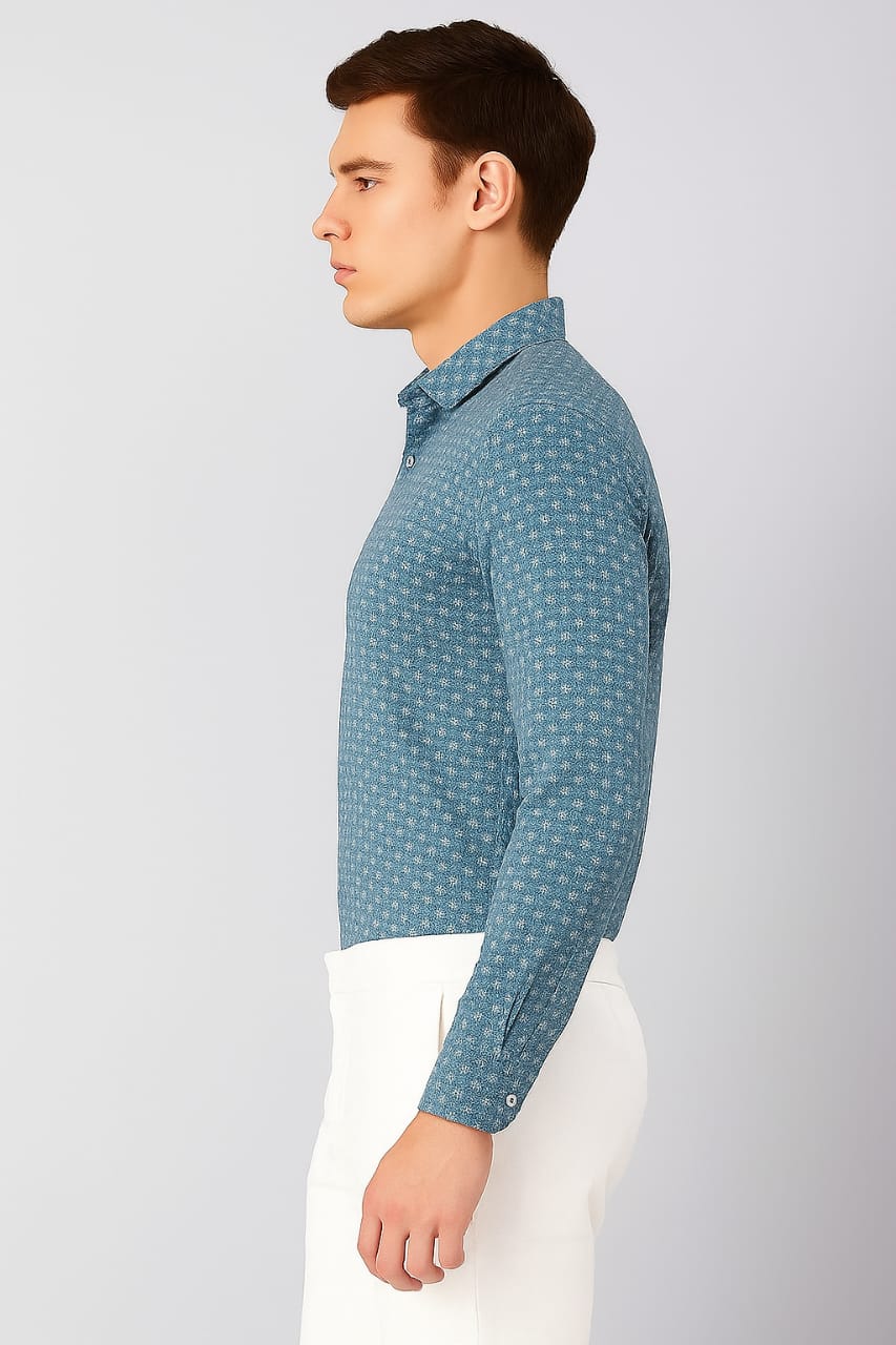 Men’s Blue Printed Slim Fit Casual Shirt | Full Sleeves Cotton Shirt for Office & Party Wear – Made in India - Image 2
