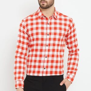 Men’s Red & White Checked Slim Fit Casual Shirt – Full Sleeve | Stylish Cotton Shirt for Office & Outing – Made in India