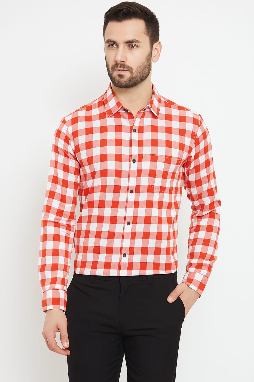 Men’s Red & White Checked Slim Fit Casual Shirt – Full Sleeve | Stylish Cotton Shirt for Office & Outing – Made in India