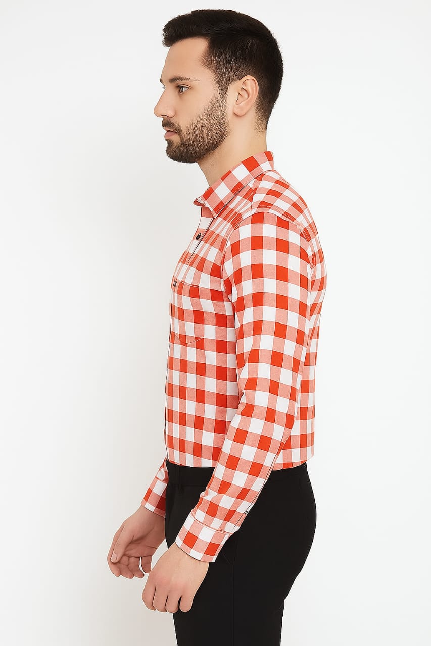 Men’s Red & White Checked Slim Fit Casual Shirt – Full Sleeve | Stylish Cotton Shirt for Office & Outing – Made in India - Image 3