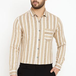 Men’s Beige & White Striped Slim Fit Casual Shirt for Office & Party Wear – Long Sleeve Cotton Blend Shirt for Men