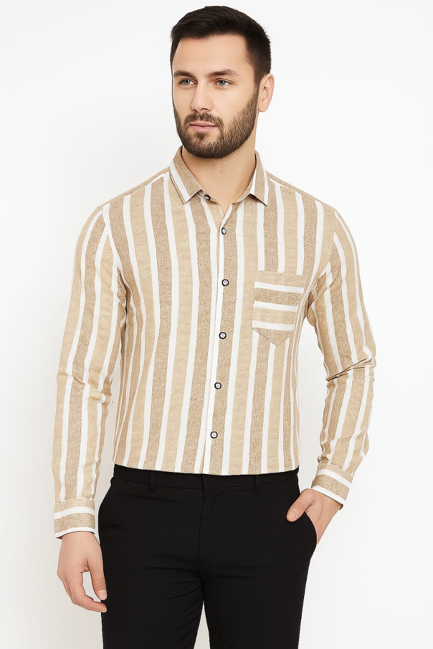Men’s Beige & White Striped Slim Fit Casual Shirt for Office & Party Wear – Long Sleeve Cotton Blend Shirt for Men