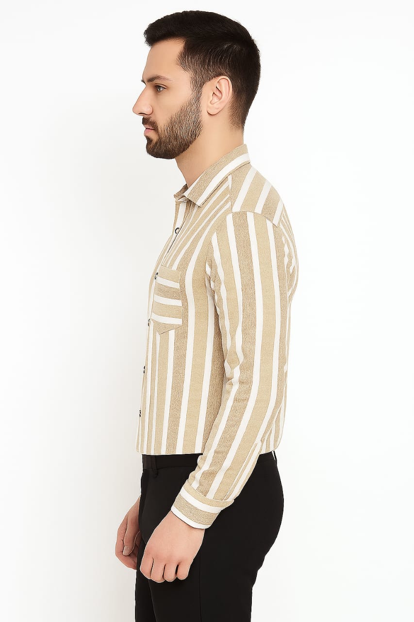 Men’s Beige & White Striped Slim Fit Casual Shirt for Office & Party Wear – Long Sleeve Cotton Blend Shirt for Men - Image 2