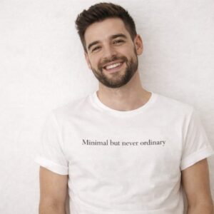 Minimalist Premium Cotton Unisex T-Shirt - White Slogan Tee for Men & Women ("Minimal but never ordinary")